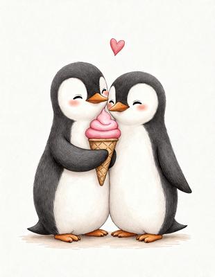 The image features two penguins standing close to each other, with one penguin holding a piece of pink cake. The penguins are positioned in a way that they appear to be kissing, creating a playful and affectionate scene. The cake is placed in the middle of the image, and the penguins are the main focus of the picture. The overall atmosphere is light-hearted and fun, with the penguins being the primary subjects in the scene.