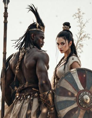 The primary subject of the image is a man and a woman standing next to each other. The woman is wearing a white dress, and the man is wearing a shield. The setting appears to be a desert-like environment, with a sandy surface visible in the background. The visual style of the image is a combination of photo and digital art, creating a unique and intriguing scene. The colors in the image are predominantly earth tones, giving the scene a warm and natural atmosphere.
