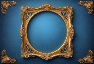 The primary subject of the image is a large, ornate gold frame with a blue background. The frame is designed to hold a picture, and it is the main focus of the image. The setting is a dark room, and the visual style is a combination of a photo and digital art. The colors are predominantly gold and blue, creating a sense of elegance and sophistication.