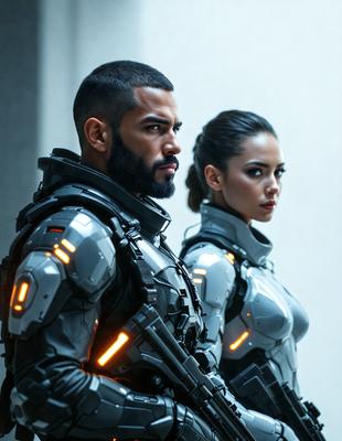The primary subject of the image is a man and a woman dressed in futuristic armor, standing next to each other. They appear to be in a futuristic setting, possibly a city or a space station. The visual style of the image is a combination of photo and digital art, creating a realistic yet futuristic atmosphere. The dominant colors in the image are silver and black, which are commonly associated with futuristic and high-tech themes. The overall mood of the image is one of strength, determination, and unity between the two characters.