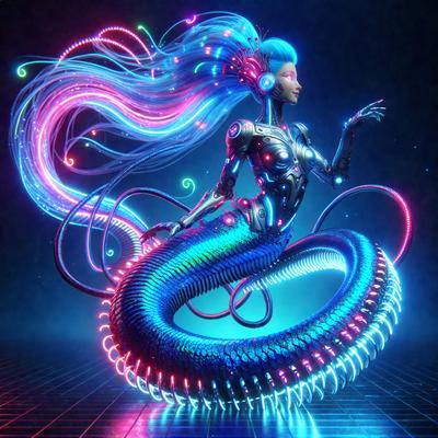 The primary subject of the image is a futuristic, colorful, and artistic representation of a woman. She is depicted as a cyborg, with a mix of human and robotic features. The setting is a dark, futuristic environment, which adds to the overall mood of the image. The visual style is a combination of digital art and illustration, creating a unique and captivating scene. The colors used in the image are predominantly blue, pink, and purple, giving the image a vibrant and lively atmosphere.