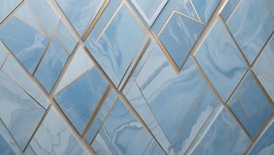 The primary subject of the image is a large, intricate mosaic made of blue and gold tiles. The setting is a wall, and the visual style is a combination of digital art and illustration. The mosaic features a pattern of triangles and squares, creating a visually striking and unique design. The dominant colors in the mosaic are blue and gold, giving the piece a luxurious and elegant appearance.