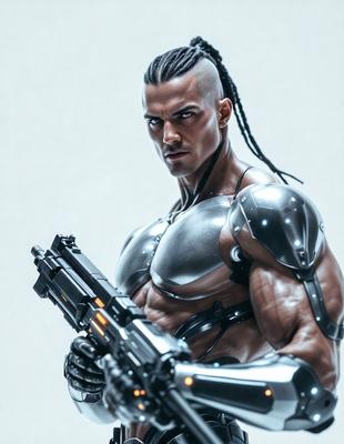 The primary subject of the image is a man wearing a silver suit and holding a gun. The setting is a white background, which provides a clean and minimalistic environment. The visual style is a digital art, as the man appears to be a 3D model. The colors are predominantly silver and black, giving the image a futuristic and high-tech atmosphere.