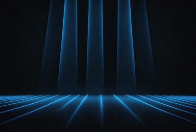 The primary subject of the image is a blue light, which is illuminating a dark room. The setting is a black background, and the visual style appears to be a digital art or illustration. The dominant colors in the image are blue and black, creating a moody and dramatic atmosphere.