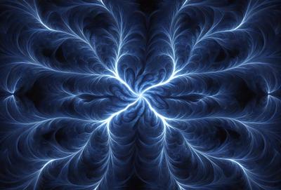 The primary subject of the image is a blue light, which appears to be a bright, glowing, and swirling pattern. The setting is a dark background, which contrasts with the bright blue light. The visual style of the image is digital art, as it is a computer-generated pattern. The colors and mood of the image are predominantly blue, creating a sense of depth and intensity.