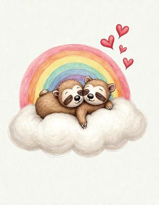 The primary subject of the image is a pair of brown and white teddy bears. They are lying down together, cuddling and enjoying each other's company. The setting is a cloudy sky, which serves as the backdrop for the scene. The visual style is a combination of digital art and illustration, creating a whimsical and playful atmosphere. The colors are predominantly shades of brown and white, which contribute to the warm and cozy mood of the image.
