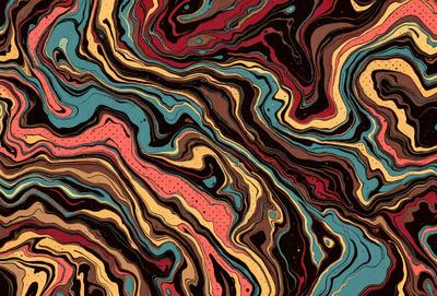 The primary subject of the image is a colorful, abstract design featuring a mix of red, blue, yellow, and orange hues. The setting is a patterned surface, possibly a wallpaper or a piece of artwork. The visual style appears to be a combination of digital art and illustration, creating a vibrant and dynamic appearance. The colors and mood of the image are lively and energetic, with the bold colors and patterns evoking a sense of excitement and creativity.
