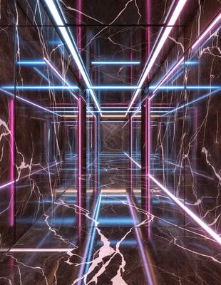 The primary subject of the image is a hallway with a marble floor. The setting is a large building, and the visual style appears to be a combination of a photo and digital art. The colors and mood of the image are predominantly pink and purple, creating a vibrant and lively atmosphere.