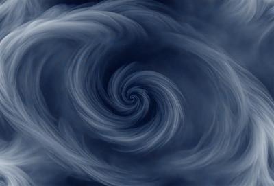 The primary subject of the image is a spiral-shaped cloud formation, which appears to be a swirling vortex. The setting is a dark, cloudy sky, and the visual style is a combination of a photo and digital art. The dominant colors are blue and gray, creating a moody and dramatic atmosphere.