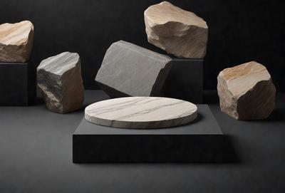 The primary subject of the image is a large, round, white marble table. The table is placed on a black surface, which serves as the setting for the scene. The visual style of the image is a combination of photo and digital art, creating a unique and artistic representation of the marble table. The colors and mood of the image are predominantly black and white, giving it a modern and sophisticated appearance.