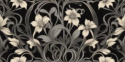 The primary subject of the image is a beautifully designed metal artwork featuring three white flowers with yellow centers. The setting is a black background, which contrasts with the intricate details of the flowers. The visual style is a combination of digital art and illustration, creating a unique and captivating piece of art. The colors and mood of the image are predominantly black and white, giving it a classic and elegant appearance.