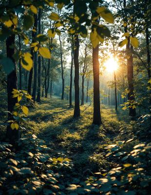 Primary subject: A forest with many trees and sunlight shining through.

Setting/background: The forest is filled with trees, and the sunlight is shining through the trees, creating a warm and inviting atmosphere.

Visual style: The image is a photo of the forest.

Colors and mood: The dominant colors are green from the trees and sunlight, and the overall atmosphere is serene and peaceful.