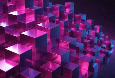 The primary subject of the image is a large, three-dimensional structure made of pink and blue blocks. The setting is a dark background, which contrasts with the vibrant colors of the blocks. The visual style is a combination of digital art and illustration, creating a unique and eye-catching design. The dominant colors are pink and blue, giving the structure a lively and energetic atmosphere.
