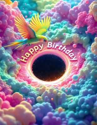 The primary subject of the image is a colorful bird, which is flying over a vibrant, swirling background. The bird is positioned in the center of the scene, surrounded by a mix of pink, blue, and yellow colors. The setting appears to be a whimsical, artistic environment, possibly a digital art or illustration. The visual style of the image is lively and captivating, with the bird and its surroundings creating a sense of joy and celebration.