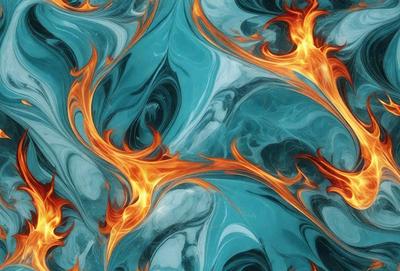 The primary subject of the image is a blue and orange swirling pattern, which appears to be a digital art or illustration. The setting is a blue background, and the visual style is a combination of digital art and illustration. The dominant colors are blue and orange, creating a vibrant and energetic atmosphere.