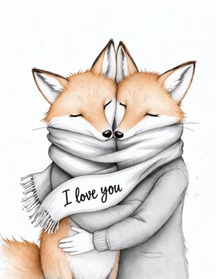 The image features two foxes hugging each other, with one fox wrapped around the other. They are both wearing scarves, adding a cozy and warm atmosphere to the scene. The foxes are positioned in the center of the image, and their close proximity to each other creates a sense of companionship and affection. The overall visual style of the image is a combination of digital art and illustration, giving it a unique and charming appearance.