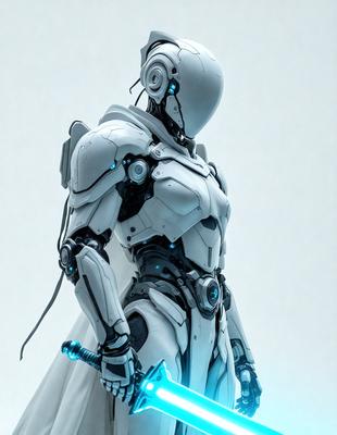 The primary subject of the image is a futuristic robot with a sword. The robot is wearing a white outfit and has a blue sword. The setting is a white background, which provides a clean and minimalist appearance. The visual style is digital art, as the robot is depicted in a detailed and realistic manner. The colors and mood of the image are predominantly white and blue, giving it a calm and futuristic atmosphere.