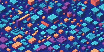 The primary subject of the image is a blue and purple mosaic of various shapes and sizes. The setting is a blue background, and the visual style is a digital art or illustration. The dominant colors are blue and purple, creating a calm and soothing atmosphere.