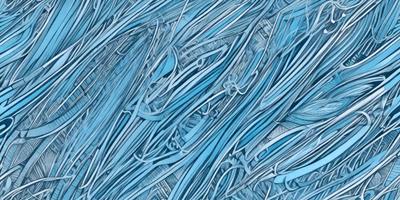 The primary subject of the image is a blue background with a pattern of intertwined metal objects. The setting appears to be a futuristic or industrial environment. The visual style is a combination of digital art and illustration, creating a unique and intricate design. The dominant colors are blue and silver, giving the image a calm and sophisticated atmosphere.