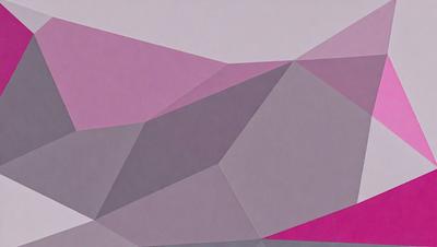 The primary subject of the image is a geometric pattern, which is displayed on a gray background. The pattern consists of triangles and is reminiscent of a mountain landscape. The visual style of the image is a combination of digital art and illustration, creating a unique and intriguing design. The dominant colors in the image are gray and pink, which contribute to the overall mood of the piece.