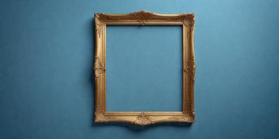 The primary subject of the image is a gold-framed picture, which is placed on a blue background. The setting appears to be a room with a blue wall, and the visual style is a combination of a photo and a drawing. The colors in the image are predominantly blue and gold, creating a calm and elegant atmosphere.