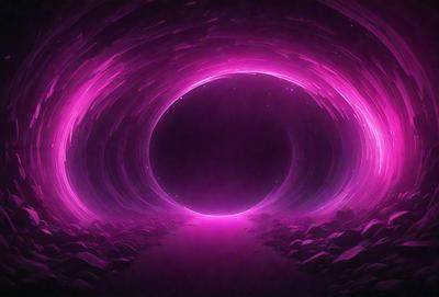 The primary subject of the image is a large, pink, circular object, which appears to be a tunnel or a cave. The setting is a dark, rocky environment, with the circular object being the main focus of the scene. The visual style of the image is a combination of photo and digital art, creating a unique and intriguing atmosphere. The dominant colors in the image are pink and purple, giving the scene a surreal and dreamy quality.