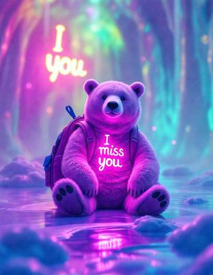 The primary subject of the image is a large, pink teddy bear. The setting is a purple background, which creates a unique and eye-catching visual style. The bear is wearing a backpack and is sitting on a purple surface. The overall atmosphere of the image is playful and whimsical.
