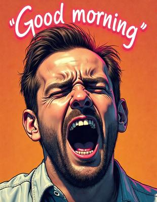 The primary subject of the image is a man with a beard, who is yawning and making a funny face. He is the main focus of the image. The setting is an orange background, which adds a vibrant and lively atmosphere to the scene. The visual style is a comic illustration, which is evident from the man's exaggerated facial expression and the overall composition of the image. The colors and mood are light-hearted and humorous, as the man's funny face and the orange background create a playful and entertaining scene.