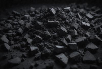 The primary subject of the image is a pile of black rocks. The setting is a dark room, and the visual style appears to be a photo. The dominant colors are black and gray, creating a moody atmosphere.