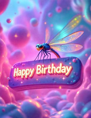 The primary subject of the image is a dragonfly, which is perched on a sign that reads "Happy Birthday." The setting is a colorful, pink and purple background, which adds a festive and celebratory atmosphere to the scene. The visual style is a combination of digital art and illustration, creating a vibrant and lively appearance. The colors and mood of the image are predominantly pink and purple, conveying a sense of joy and celebration.