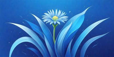 The primary subject of the image is a single blue flower, which is the main focus of the scene. The setting is a blue background, which creates a contrasting and visually appealing environment. The visual style of the image is a painting, which adds a sense of artistic expression and creativity to the scene. The dominant colors in the image are blue and white, which contribute to a calm and serene atmosphere.