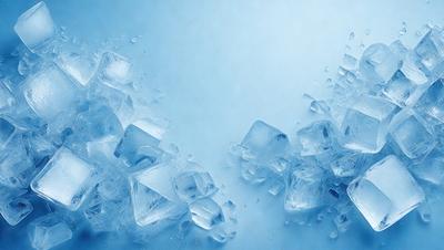 The primary subject of the image is a large number of ice cubes floating in a blue background. The ice cubes are arranged in various shapes and sizes, creating a visually appealing and dynamic scene. The setting appears to be a blue sky, which adds to the overall mood of the image. The visual style of the image is a combination of photo and digital art, as it captures the intricate details of the ice cubes while maintaining a sense of depth and dimension. The colors and mood of the image are predominantly blue, which gives it a cool and refreshing atmosphere.
