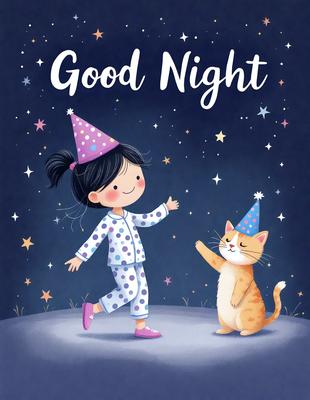 The primary subject of the image is a little girl wearing a party hat and a polka dot outfit. She is standing next to a cat, which is also wearing a party hat. The setting appears to be a nighttime scene, with the girl and the cat standing on a grassy surface. The visual style of the image is a digital art or illustration, with a colorful and lively atmosphere.