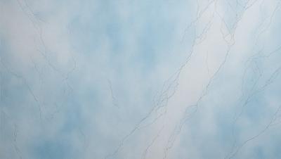 The primary subject of the image is a white wall with a blue background. The setting appears to be a room with a cloudy sky visible in the background. The visual style of the image is a combination of digital art and illustration, creating a unique and artistic representation of the cloudy sky. The colors and mood of the image are predominantly blue and white, giving it a calm and serene atmosphere.