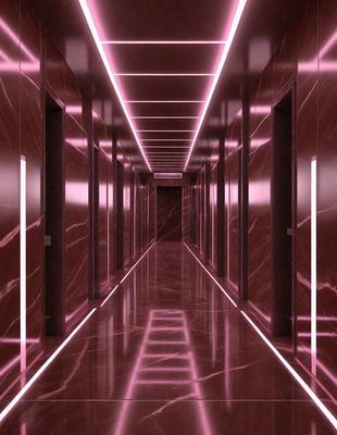The primary subject of the image is a hallway with a red marble floor. The setting is a long, narrow hallway with a row of doors on one side. The visual style is a combination of photo and digital art, creating a unique and intriguing atmosphere. The colors and mood are predominantly red, giving the hallway a warm and inviting feel.