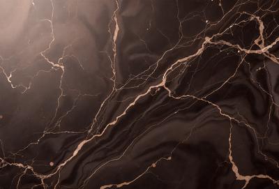 The primary subject of the image is a marble countertop with a black and gold pattern. The setting is a kitchen, and the visual style is a close-up of the marble countertop. The colors and mood of the image are predominantly black and gold, giving it a luxurious and elegant appearance.