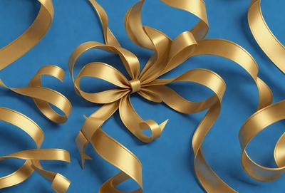 The primary subject of the image is a large, decorative bow made of gold ribbon. The bow is prominently displayed on a blue background, which adds a contrasting and vibrant touch to the scene. The visual style of the image is a close-up of the bow, emphasizing its intricate details and texture. The colors and mood of the image are predominantly gold and blue, creating a warm and inviting atmosphere.