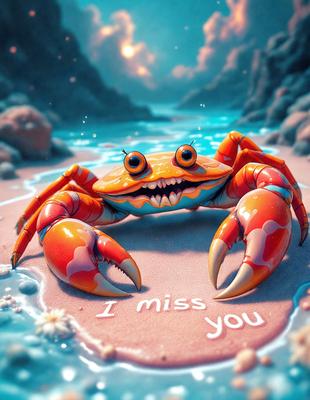 The primary subject of the image is a crab, which is sitting on a sandy beach. The setting is a beach with a body of water in the background. The visual style is digital art, as the crab is depicted in a cartoonish manner. The dominant colors are orange and pink, giving the image a cheerful and playful atmosphere.
