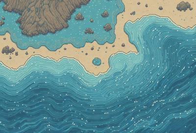 The primary subject of the image is a beach scene with a body of water, possibly an ocean, and a sandy shore. The setting includes a rocky area and a small island in the water. The visual style of the image is a combination of digital art and illustration, creating a vibrant and detailed scene. The colors and mood of the image are predominantly blue, with a touch of white, which gives the scene a calm and serene atmosphere.