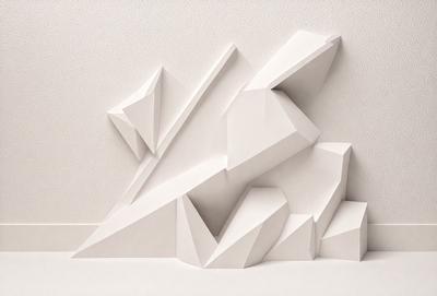 The primary subject of the image is a white, three-dimensional sculpture of a mountain. The sculpture is made of paper and is displayed on a white wall. The setting is a simple, clean environment, with no distractions or background elements. The visual style is a combination of digital art and illustration, as the paper sculpture is created using digital tools. The colors and mood of the image are predominantly white, giving it a clean and minimalist appearance.