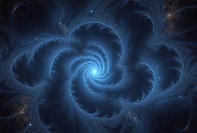 The primary subject of the image is a spiral-shaped blue object, which appears to be a swirling vortex or a blue spiral galaxy. The setting is a dark, starry background, which adds to the overall atmosphere of the image. The visual style is a combination of digital art and illustration, creating a unique and captivating representation of the spiral. The colors and mood of the image are predominantly blue, with a hint of starlight, giving it a serene and celestial feel.