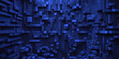 The primary subject of the image is a blue, three-dimensional wall made of blue blocks. The setting is a dark room, and the visual style is a digital art or illustration. The dominant colors are blue, and the overall atmosphere is a mix of modern and futuristic.