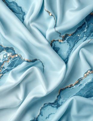 The primary subject of the image is a blue fabric, possibly a piece of cloth or a curtain, with a gold pattern on it. The setting is a blue background, which complements the blue fabric. The visual style is a close-up of the fabric, showcasing its texture and pattern. The colors and mood of the image are predominantly blue, with a touch of gold, creating a calm and serene atmosphere.