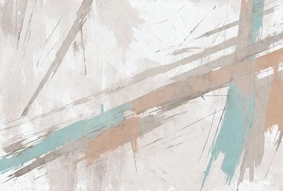 The primary subject of the image is a painting or drawing of a colorful striped pattern. The setting is a white background, which contrasts with the vibrant colors of the striped pattern. The visual style appears to be a mix of digital art and traditional painting, as it features a blend of textures and colors. The dominant colors are blue, orange, and white, creating a lively and energetic atmosphere.