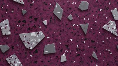The primary subject of the image is a purple surface with various shapes and objects on it. The setting appears to be a room with a purple wall, and the visual style is a combination of photo and digital art. The colors and mood of the image are predominantly purple, creating a calm and soothing atmosphere.