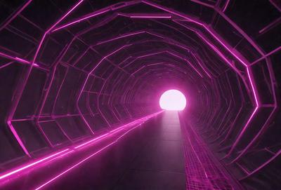 The primary subject of the image is a tunnel with a pink light illuminating it. The setting is a dark, enclosed space, and the visual style appears to be a digital art or illustration. The dominant colors are pink and purple, creating a unique and atmospheric environment.