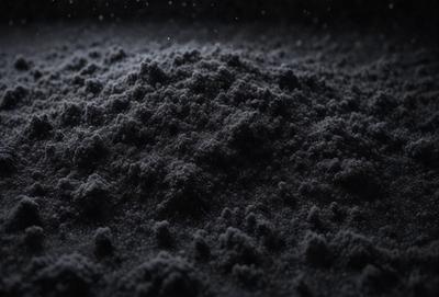 The primary subject of the image is a pile of black powder, which appears to be a dark substance. The setting is a dark background, which contrasts with the black powder. The visual style is a close-up of the black powder, showcasing its texture and appearance. The colors and mood of the image are predominantly dark, with the black powder being the main focus.