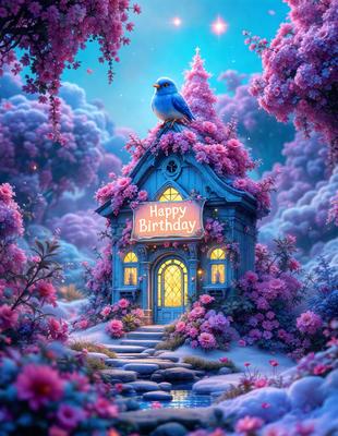 Primary subject: A blue bird sitting on top of a pink house.

Setting/background: The house is surrounded by pink flowers, creating a whimsical and colorful scene.

Visual style: The image is a digital art or illustration, featuring a bird and a house with a unique color scheme.

Colors and mood: The dominant colors are pink and blue, creating a cheerful and lighthearted atmosphere.
