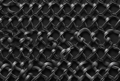The primary subject of the image is a close-up of a chain link fence. The setting is a black background, which emphasizes the chain link pattern. The visual style is a black and white photo, giving the image a classic and timeless appearance. The dominant colors are black and white, creating a moody and dramatic atmosphere.