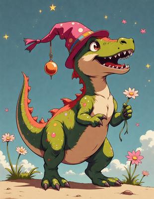 The primary subject of the image is a cartoon dinosaur, specifically a green and red alligator, wearing a hat and holding a flower. The setting is a field with a blue sky in the background. The visual style is a colorful, hand-drawn illustration. The colors and mood are lively and cheerful, with the alligator being the main focus of the scene.